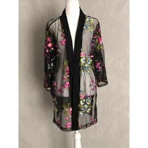 NY Collection Women's 1X Sheer Floral Embroidered Open Front Kimono